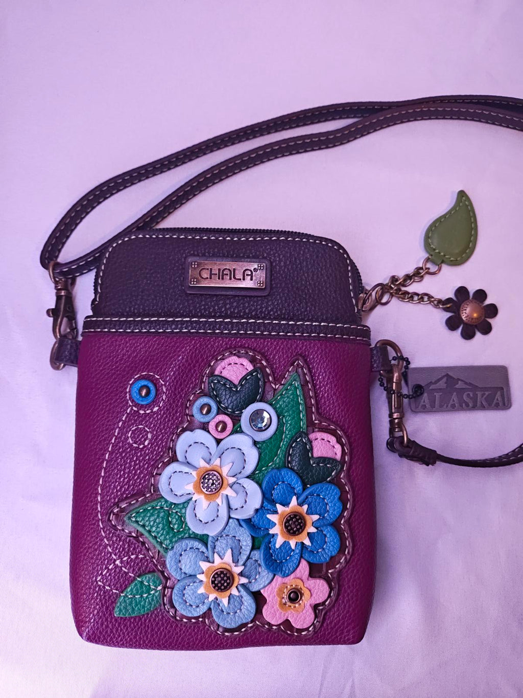 Chala Leather Crossbody Phone Bag Organizer Purple Floral Appliqué Keychain