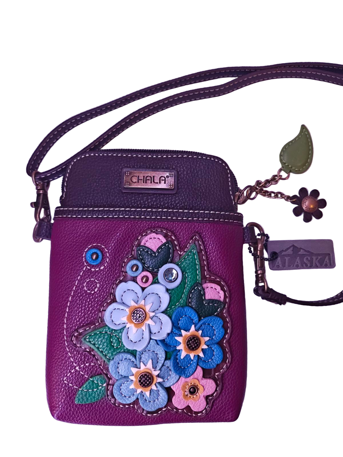 Chala Leather Crossbody Phone Bag Organizer Purple Floral Appliqué Keychain