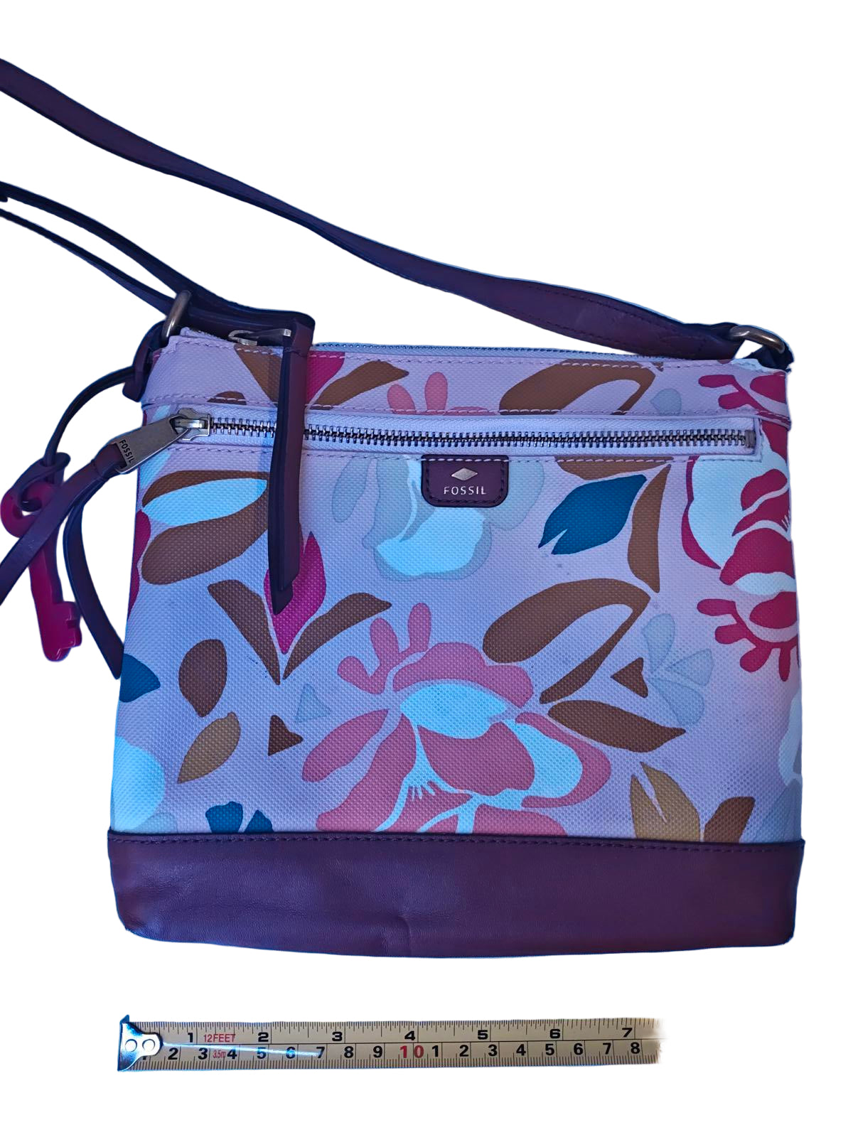 Fossil Key-Per Pink Floral Crossbody Bag | Canvas & Leather Trim Purse Boho Y2K