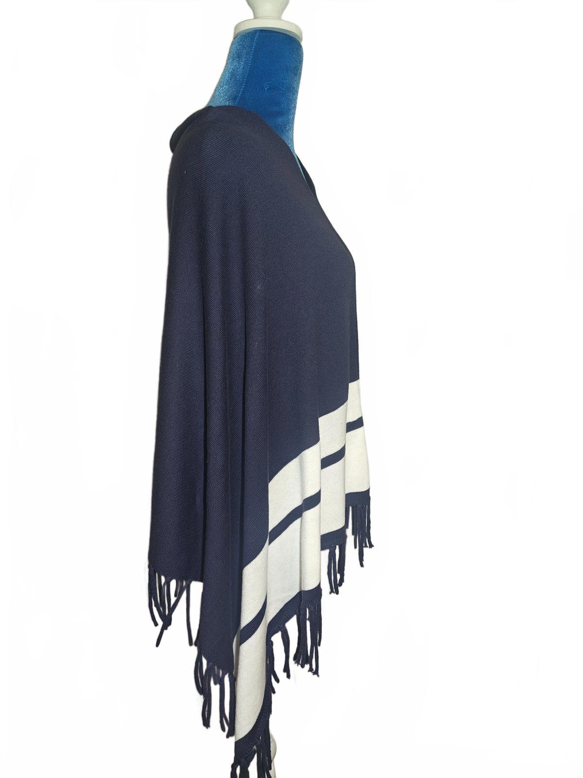 Chic Navy & White Striped Knit Poncho with Fringe | One Size Cozy Cotton Blend