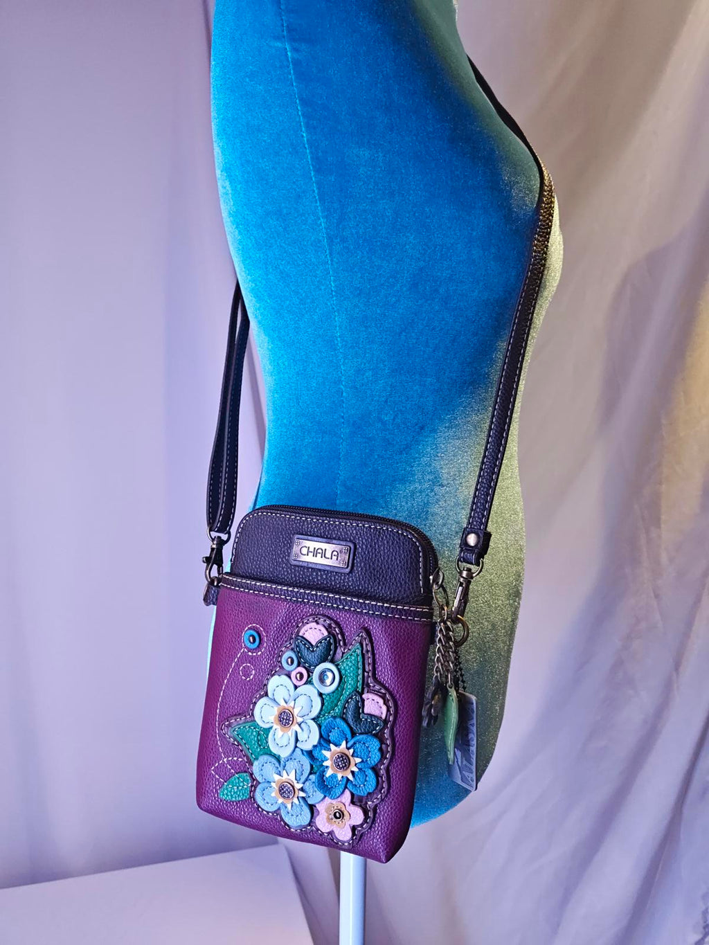 Chala Leather Crossbody Phone Bag Organizer Purple Floral Appliqué Keychain
