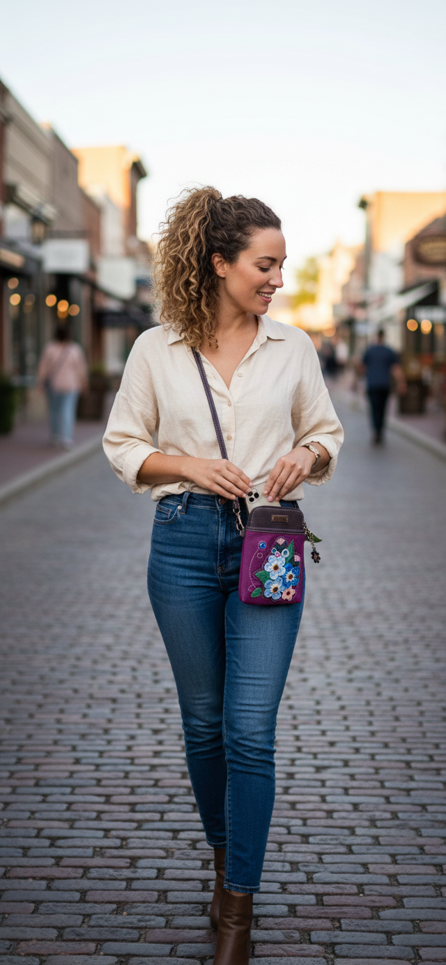 Chala Leather Crossbody Phone Bag Organizer Purple Floral Appliqué Keychain