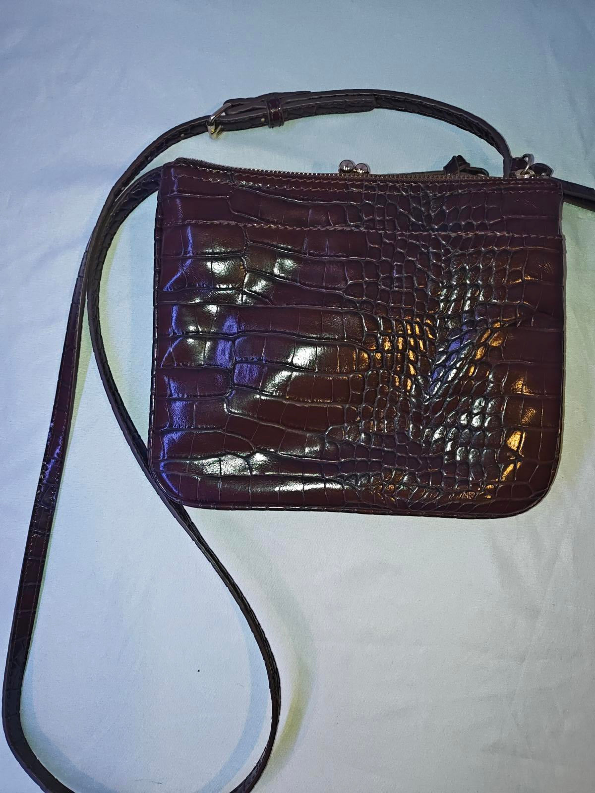 Nine West Black Faux Croc Crossbody Bag | Purple Lining | Casual Zip Purse