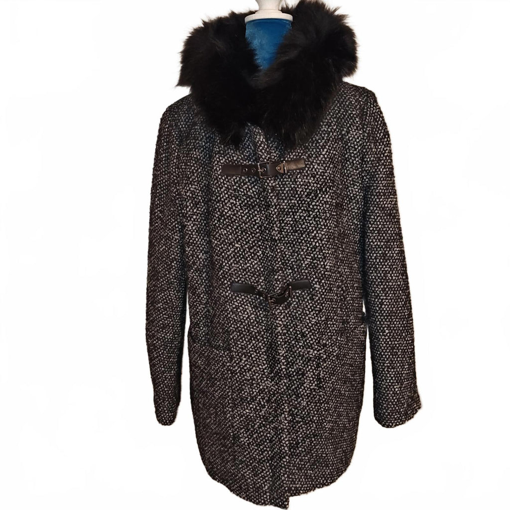 Women's Black and White Tweed Coat with Faux Fur Hood