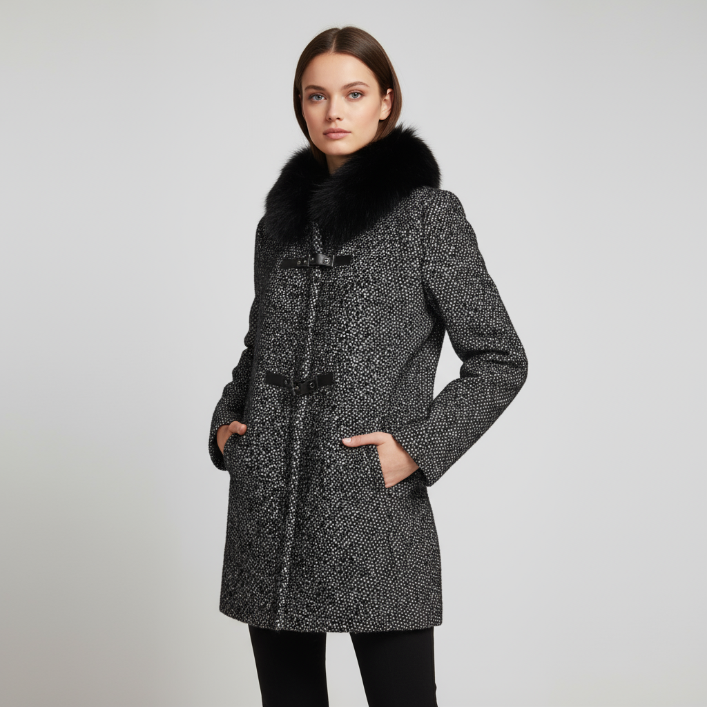 Women's Black and White Tweed Coat with Faux Fur Hood