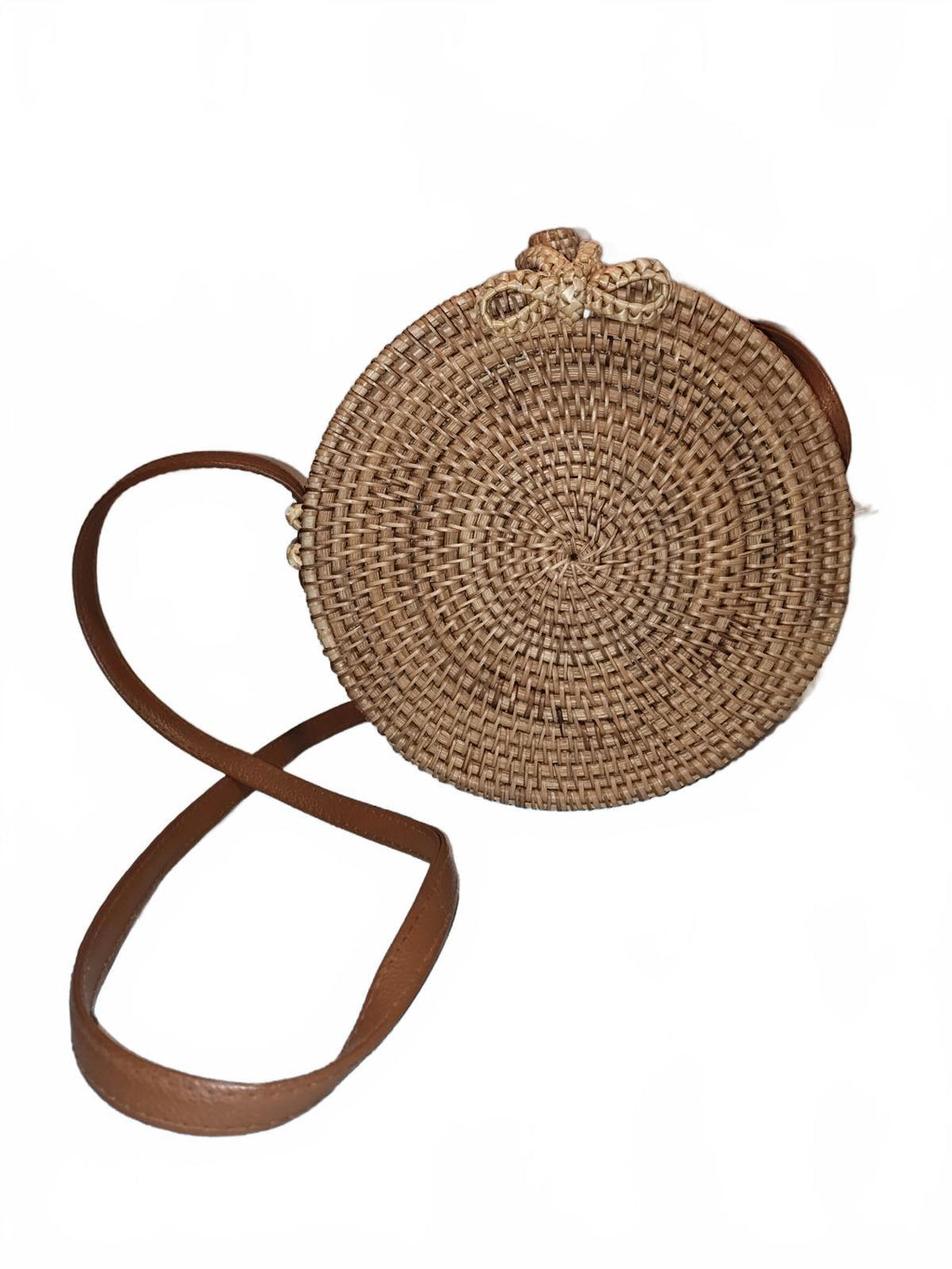 Round Woven Rattan Crossbody Bag with Leather Strap