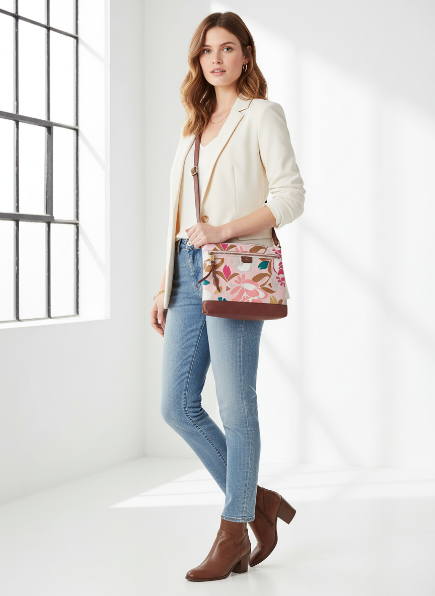 Fossil Key-Per Pink Floral Crossbody Bag | Canvas & Leather Trim Purse Boho Y2K