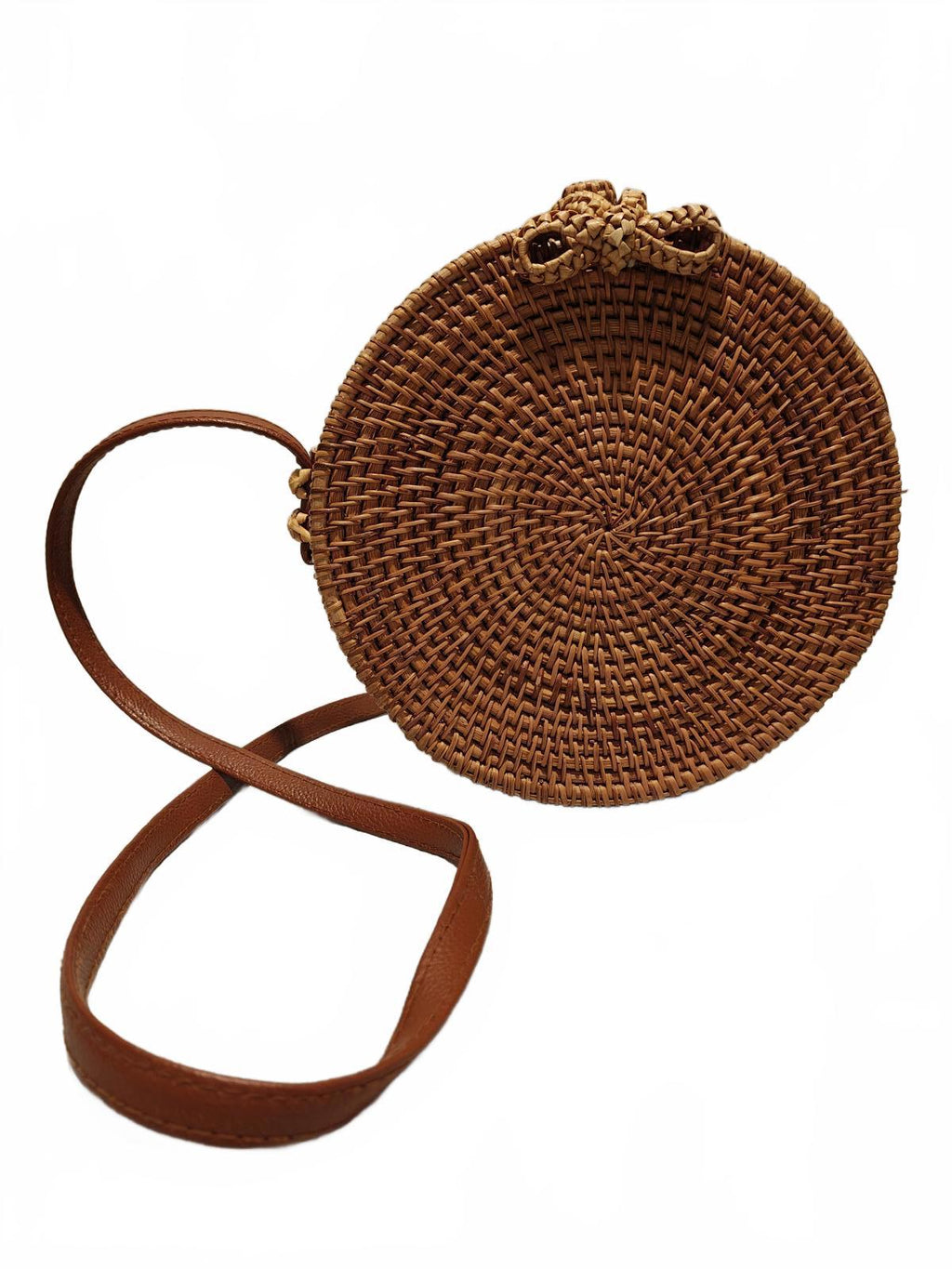 Round Woven Rattan Crossbody Bag with Leather Strap