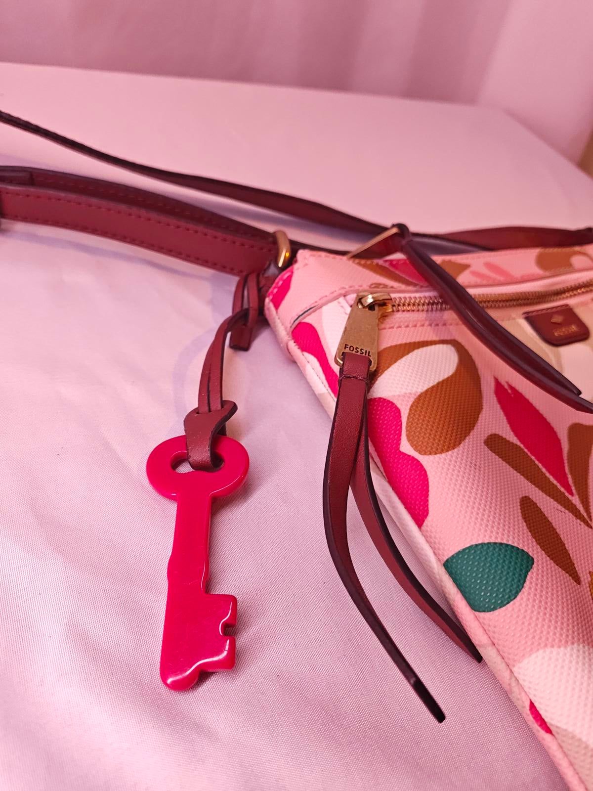 Fossil Key-Per Pink Floral Crossbody Bag | Canvas & Leather Trim Purse Boho Y2K