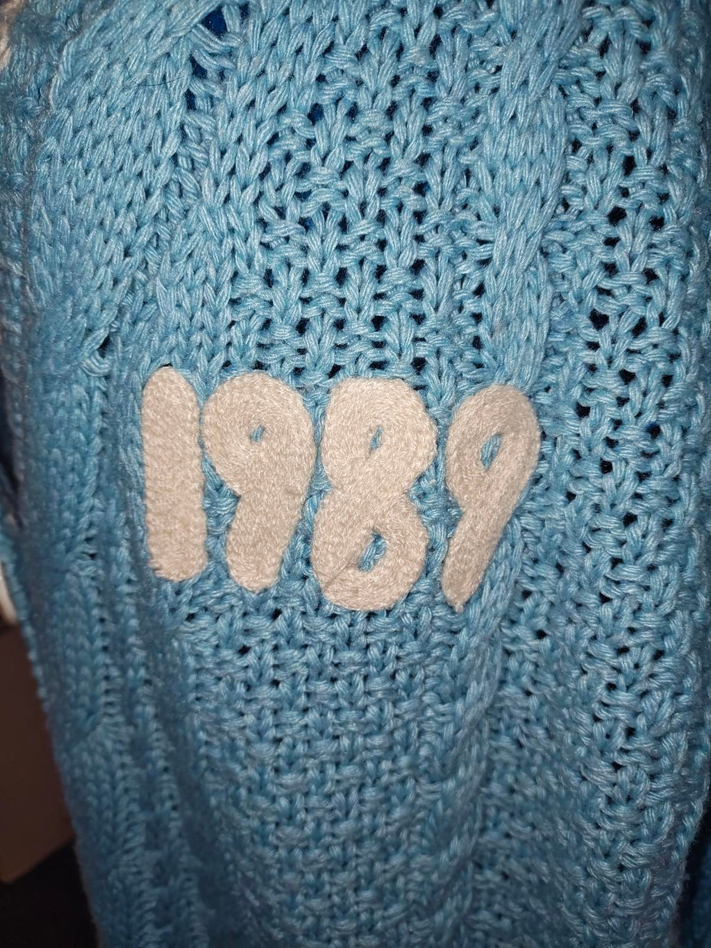 Taylor Swift 1989 Light Blue Cable Knit Cardigan Sweater with Bird Appliques