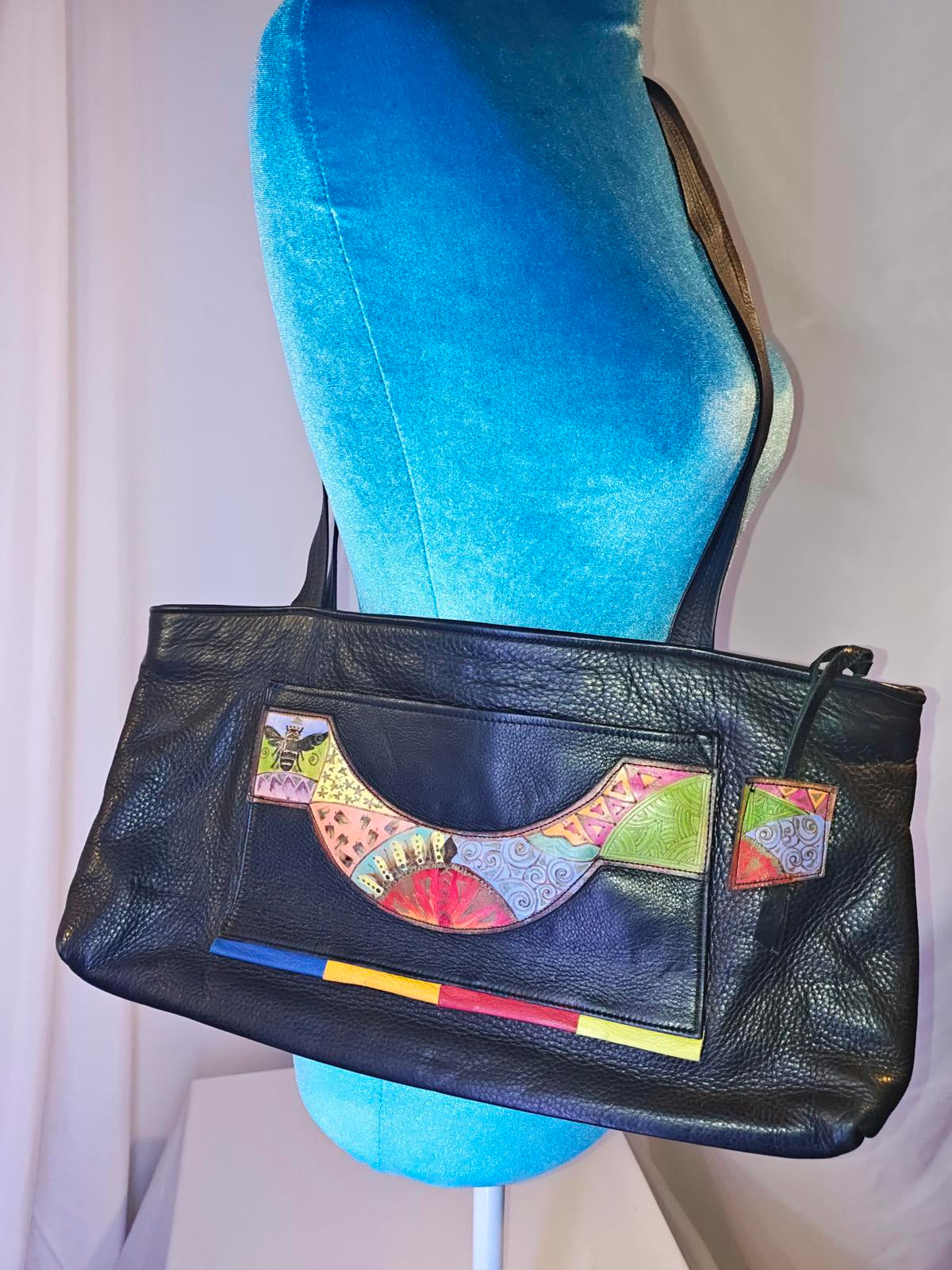 Ilze Heider Black Leather Tote | Artisan Handbag | Patchwork Applique Bag