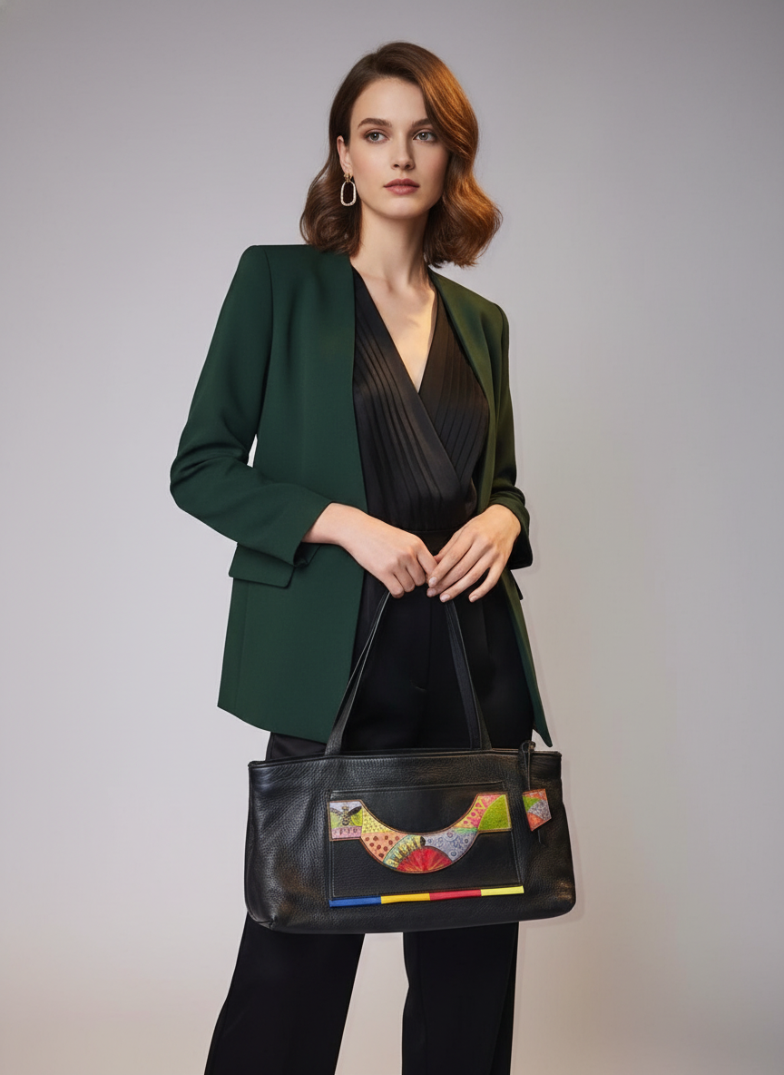 Ilze Heider Black Leather Tote | Artisan Handbag | Patchwork Applique Bag