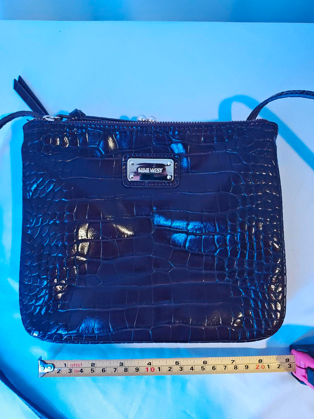 Nine West Black Faux Croc Crossbody Bag | Purple Lining | Casual Zip Purse