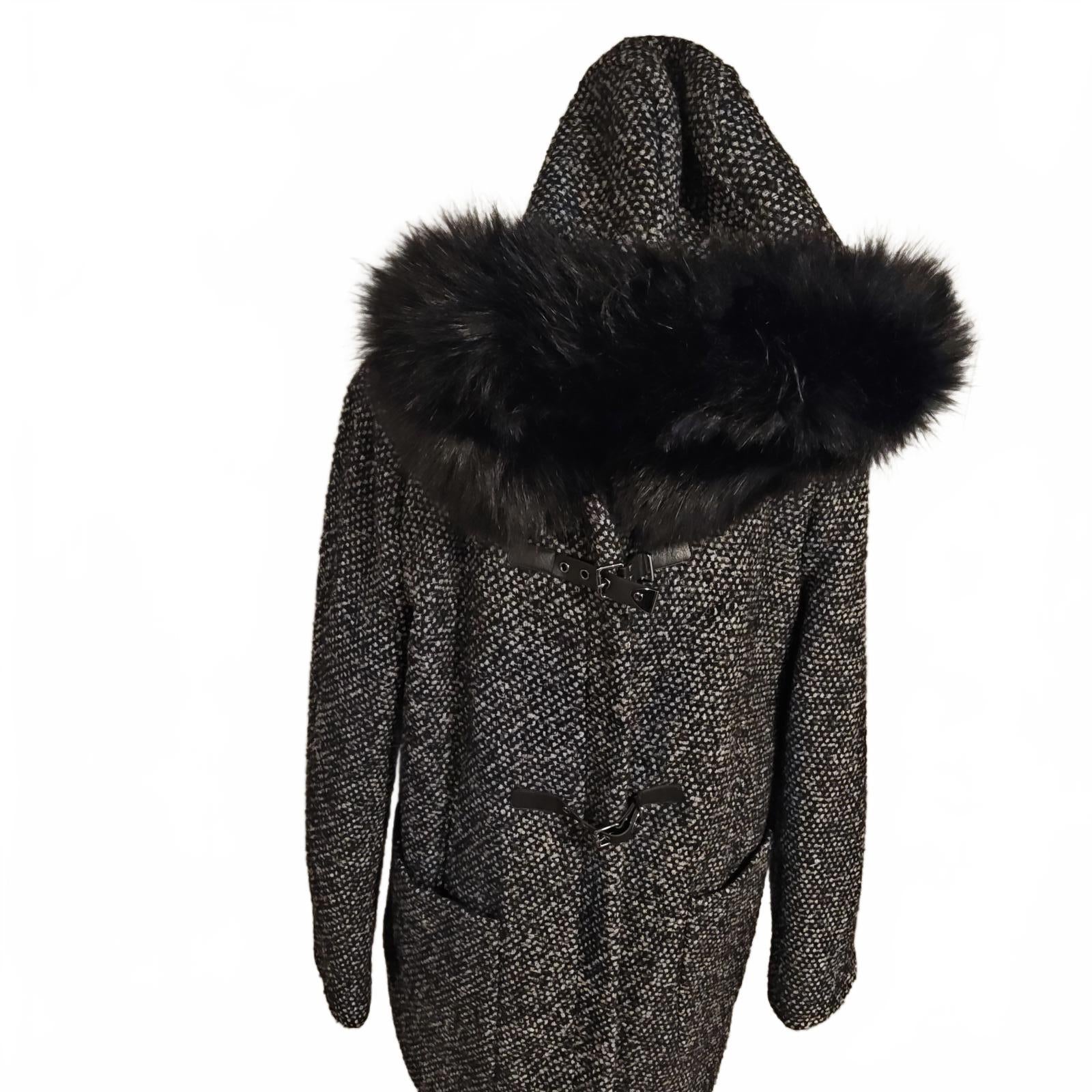 Women's Black and White Tweed Coat with Faux Fur Hood