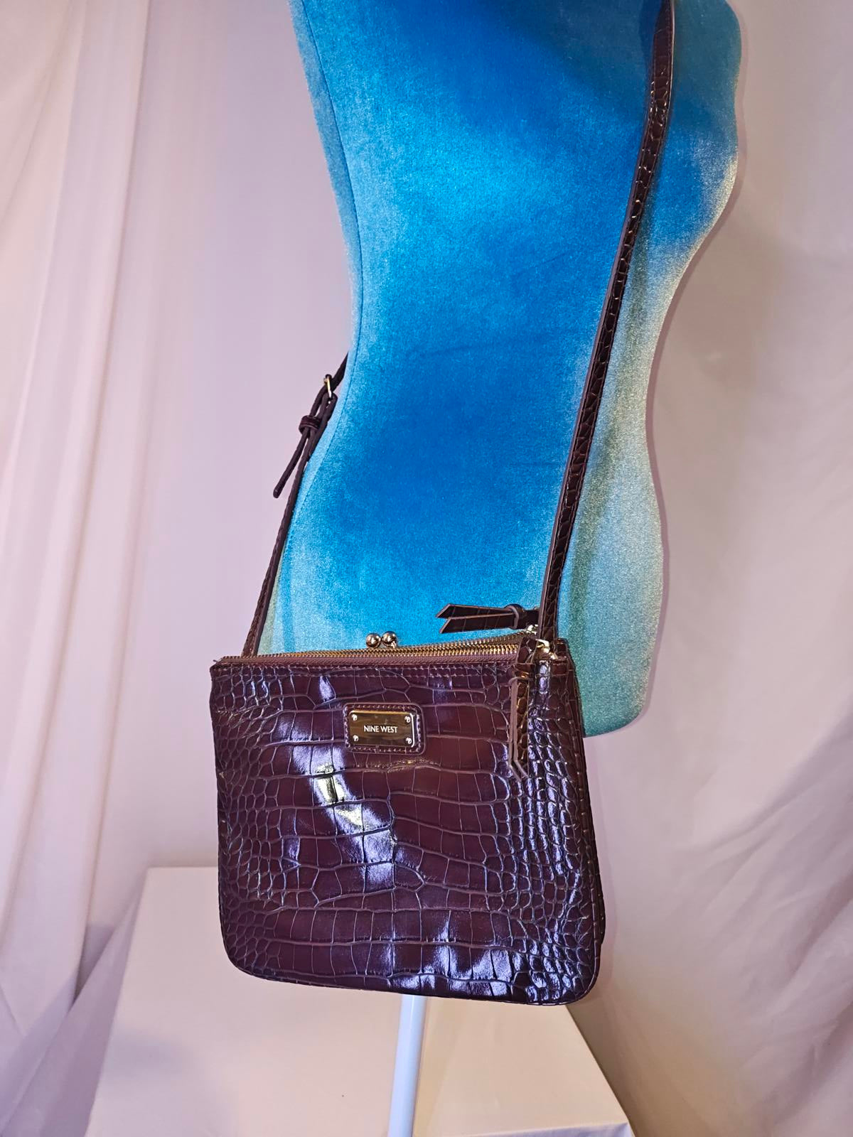 Nine West Black Faux Croc Crossbody Bag | Purple Lining | Casual Zip Purse