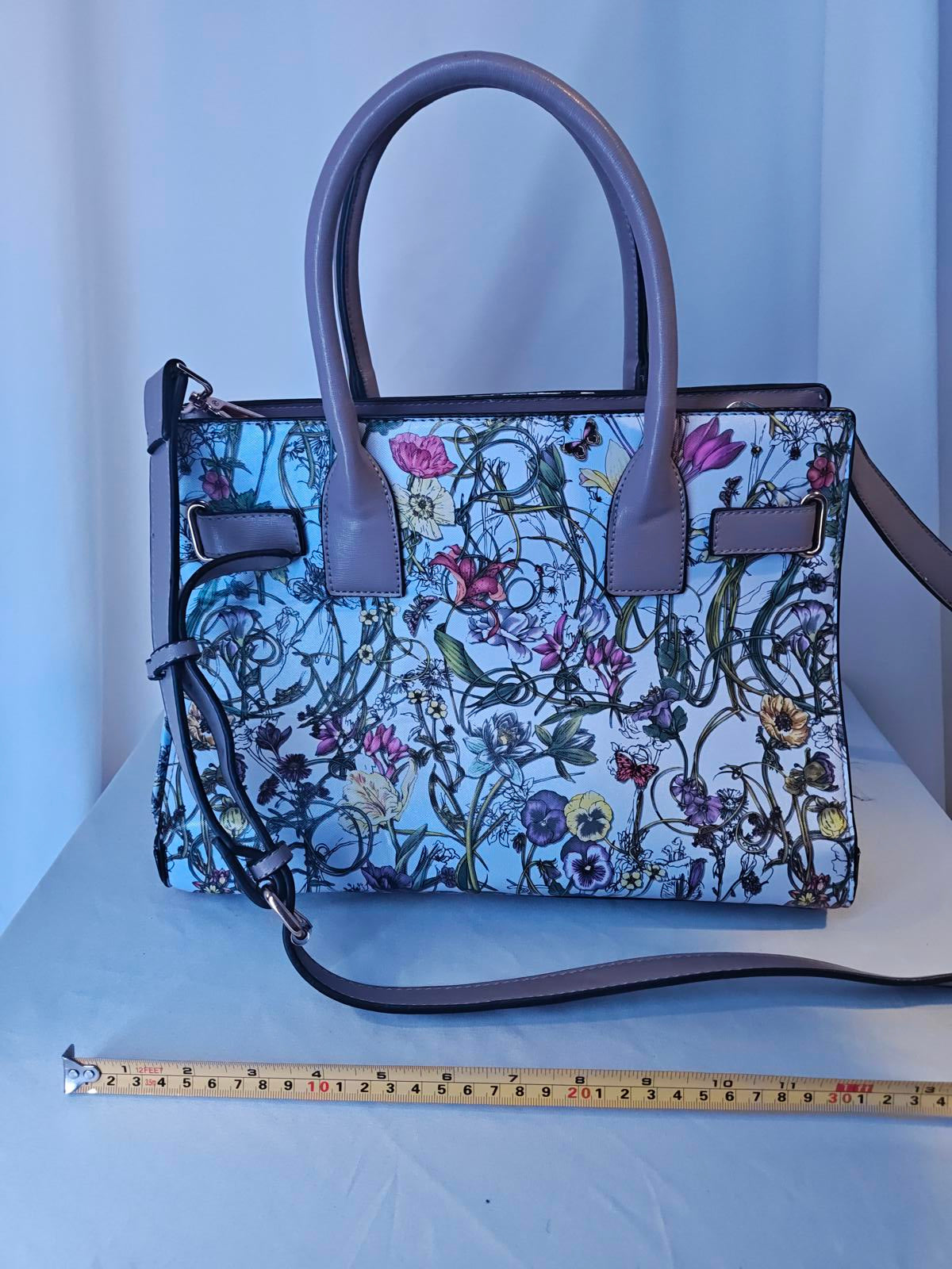 Floral Print Satchel Handbag Tote Bag Blush Trim Gold Accent Spring Summer