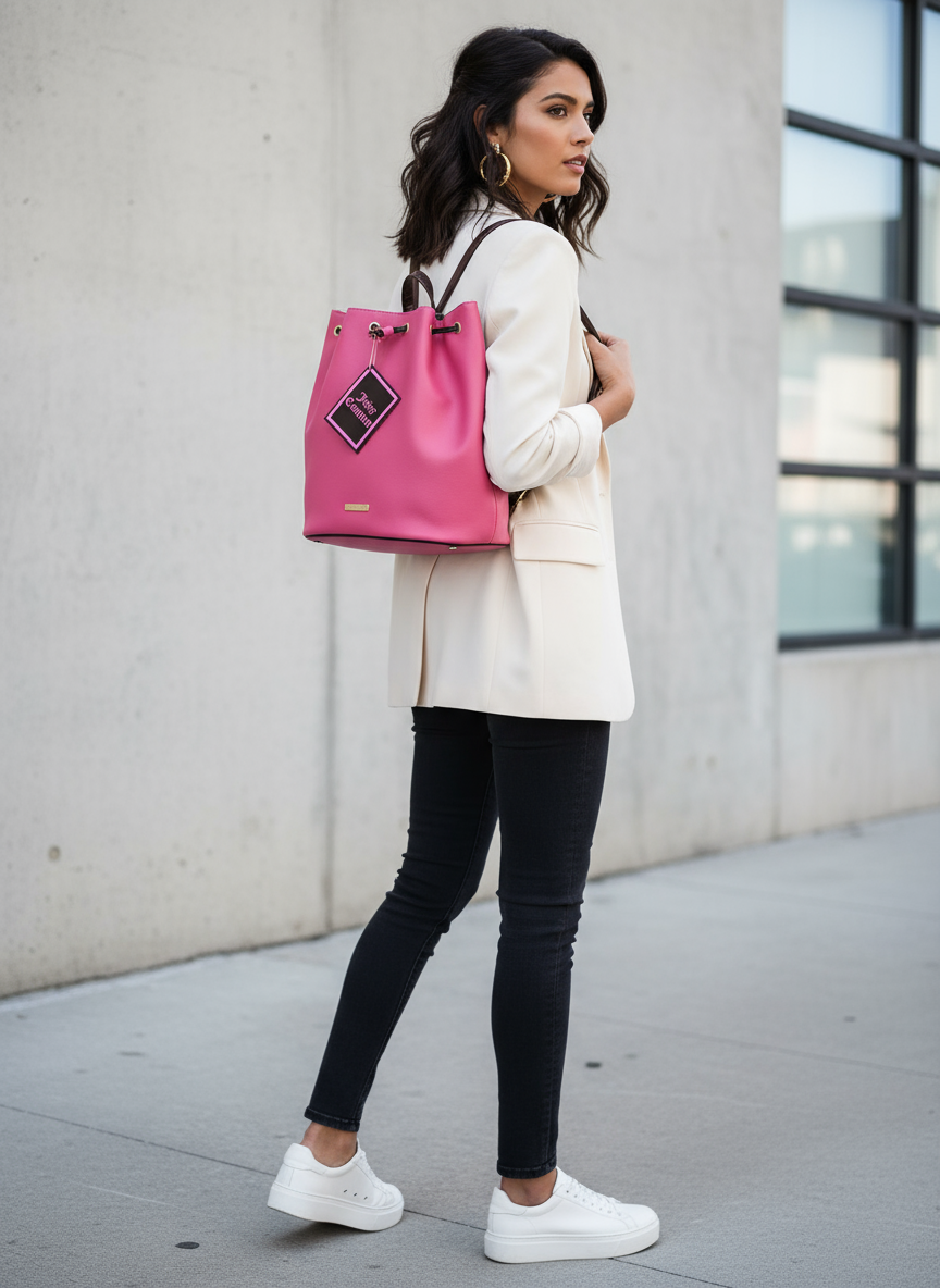 NWT Juicy Couture Hot Pink Drawstring Tote Bucket Bag Y2K Chain Lining