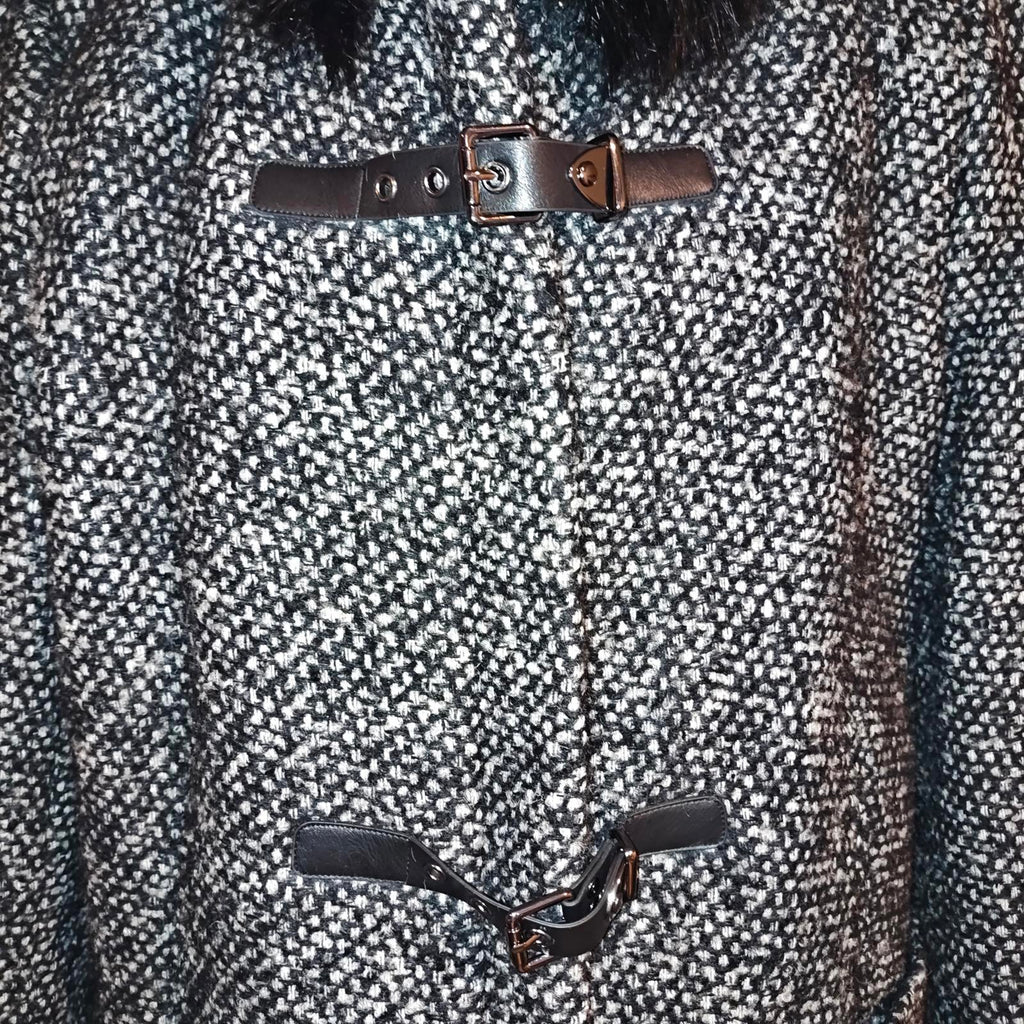 Women's Black and White Tweed Coat with Faux Fur Hood