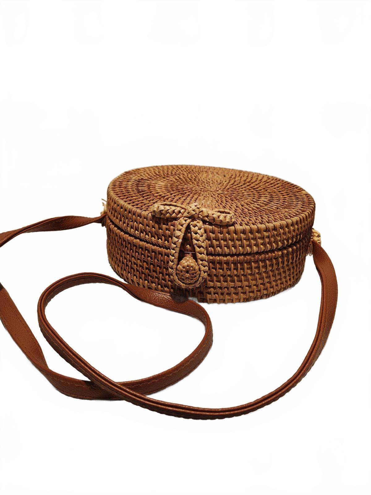Round Woven Rattan Crossbody Bag with Leather Strap