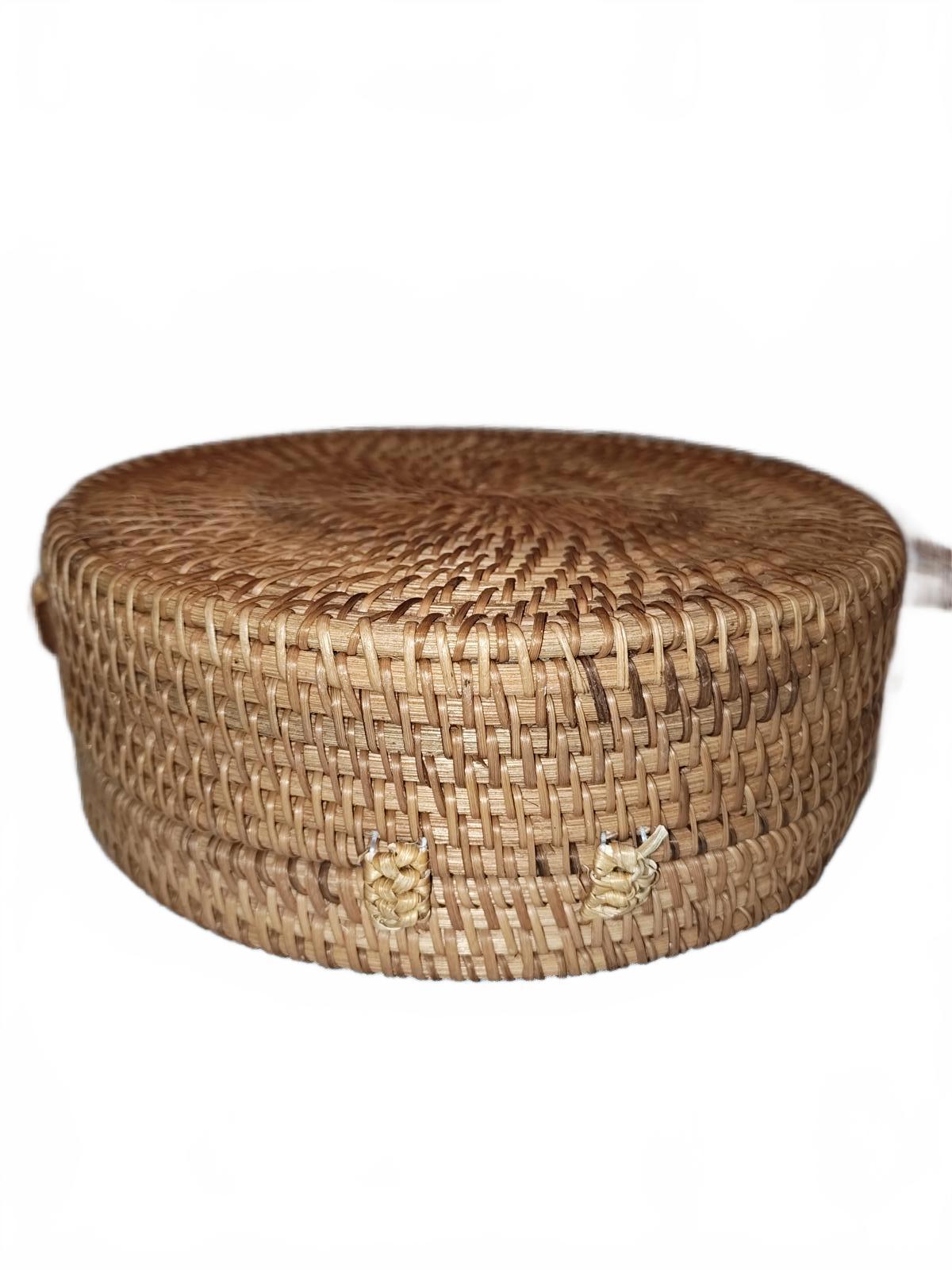 Round Woven Rattan Crossbody Bag with Leather Strap