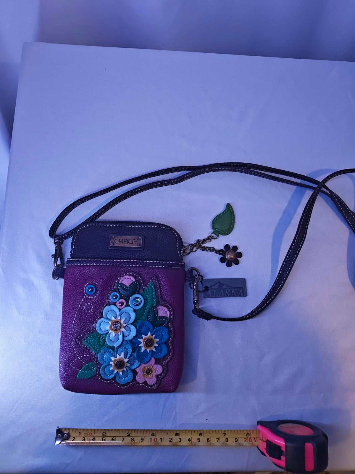 Chala Leather Crossbody Phone Bag Organizer Purple Floral Appliqué Keychain