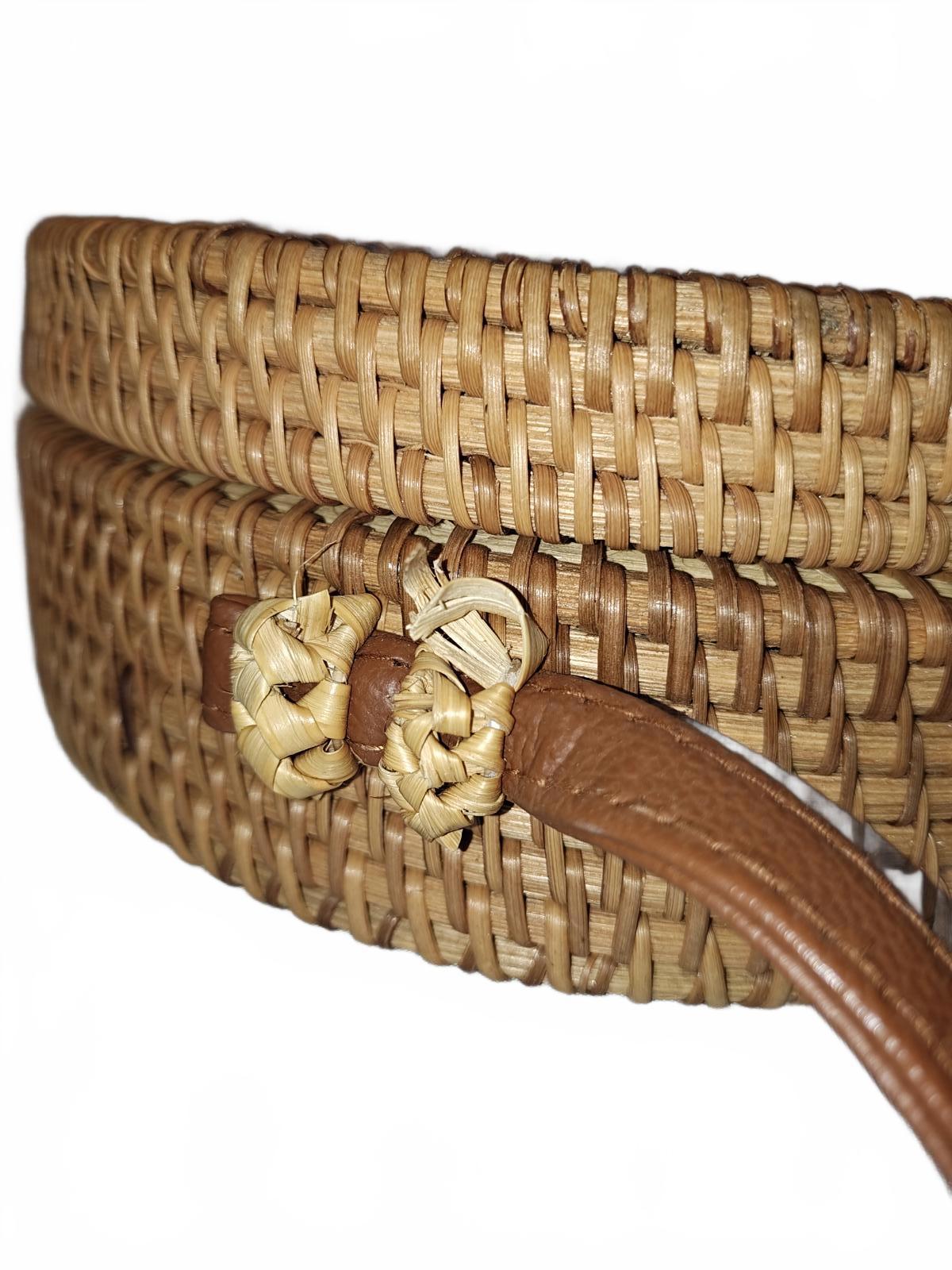 Round Woven Rattan Crossbody Bag with Leather Strap