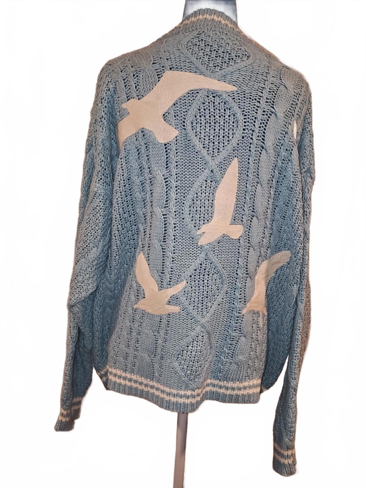 Taylor Swift 1989 Light Blue Cable Knit Cardigan Sweater with Bird Appliques
