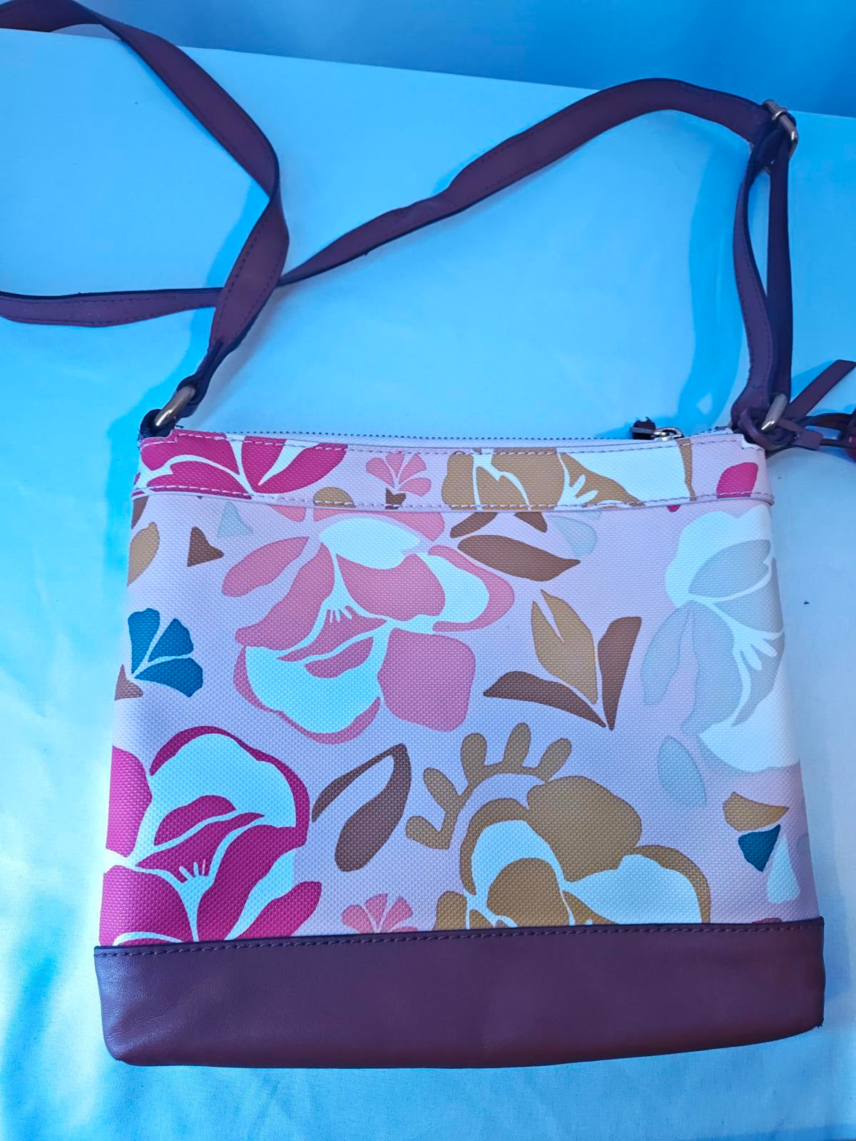 Fossil Key-Per Pink Floral Crossbody Bag | Canvas & Leather Trim Purse Boho Y2K