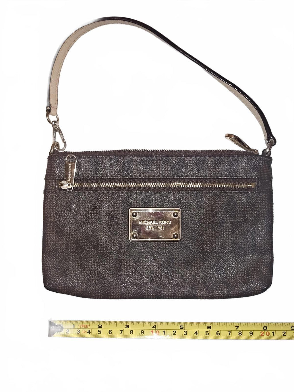 Michael Kors Signature Wristlet Pouch Brown Coated Canvas Wallet Clutch Handbag