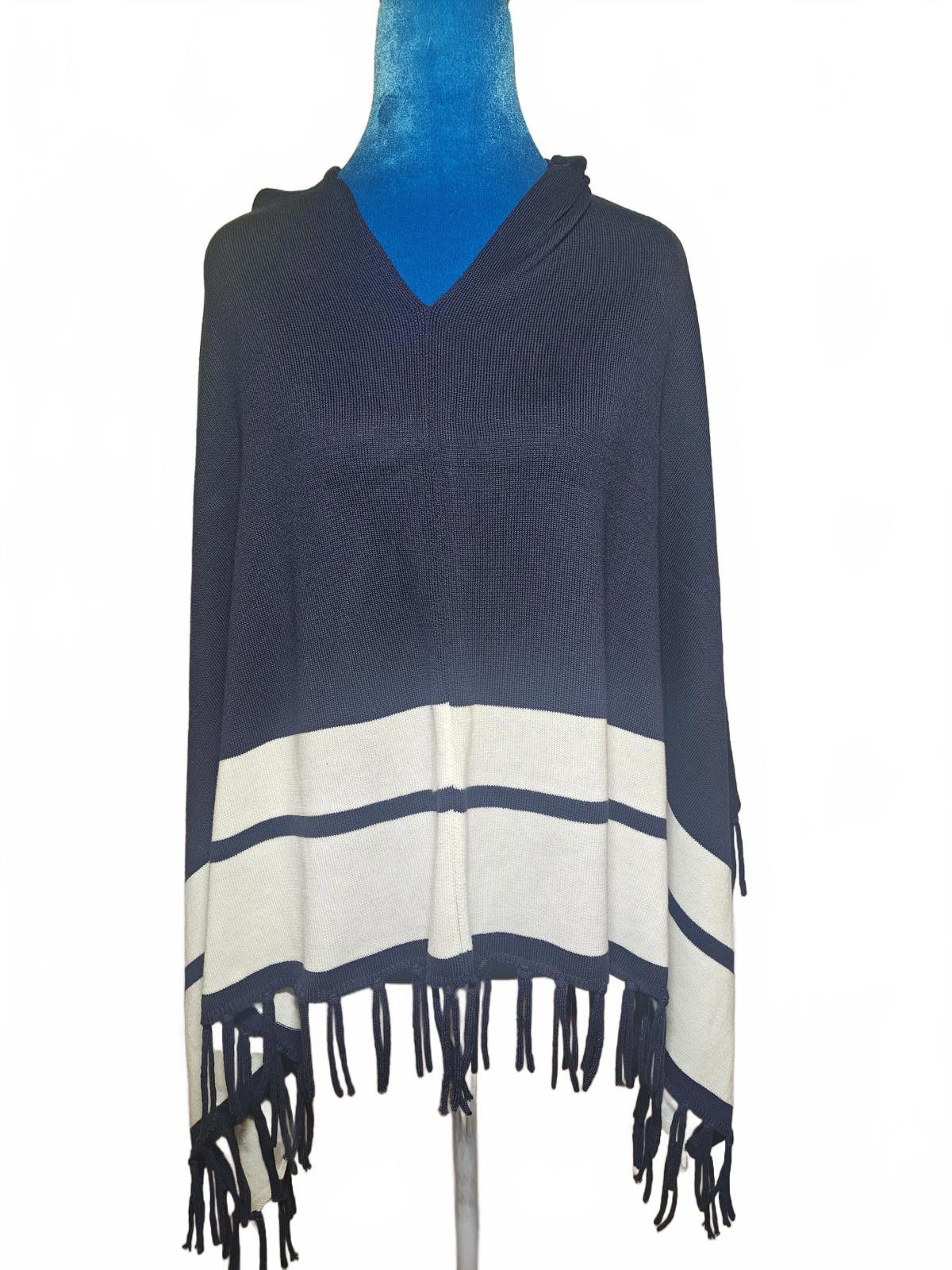 Chic Navy & White Striped Knit Poncho with Fringe | One Size Cozy Cotton Blend