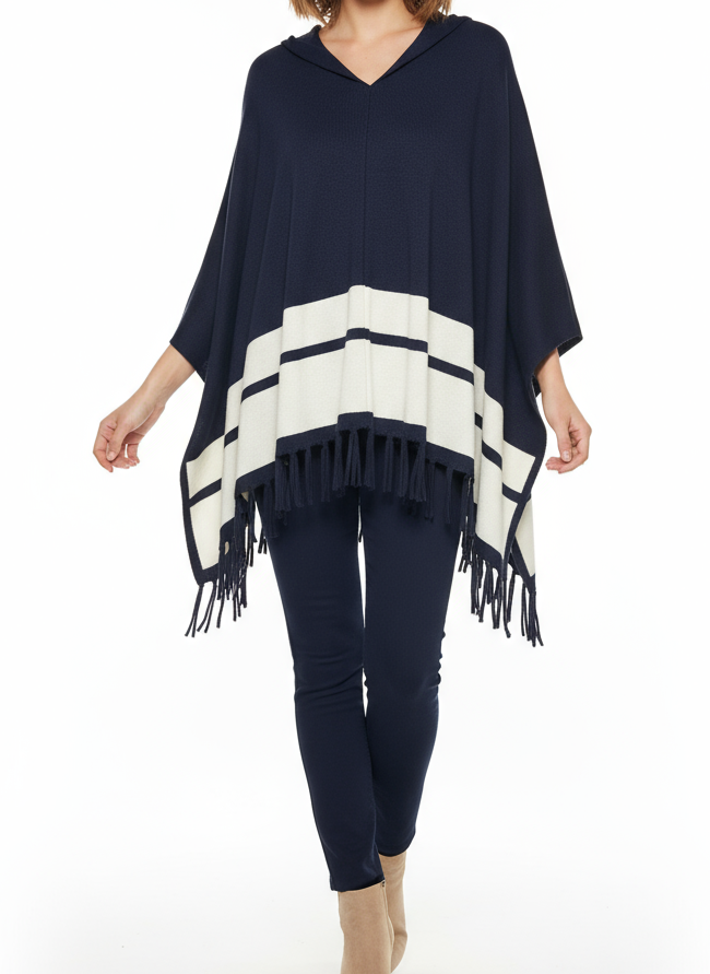Chic Navy & White Striped Knit Poncho with Fringe | One Size Cozy Cotton Blend