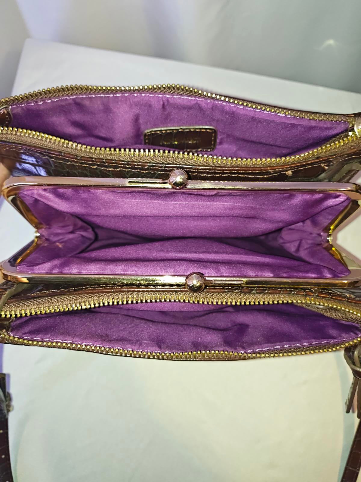 Nine West Black Faux Croc Crossbody Bag | Purple Lining | Casual Zip Purse