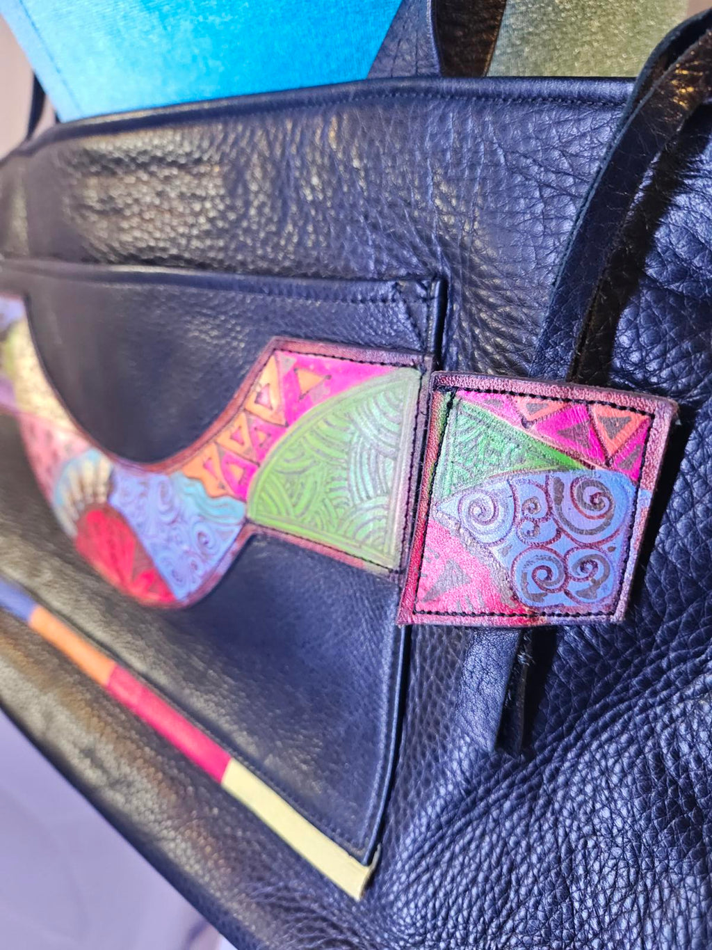 Ilze Heider Black Leather Tote | Artisan Handbag | Patchwork Applique Bag