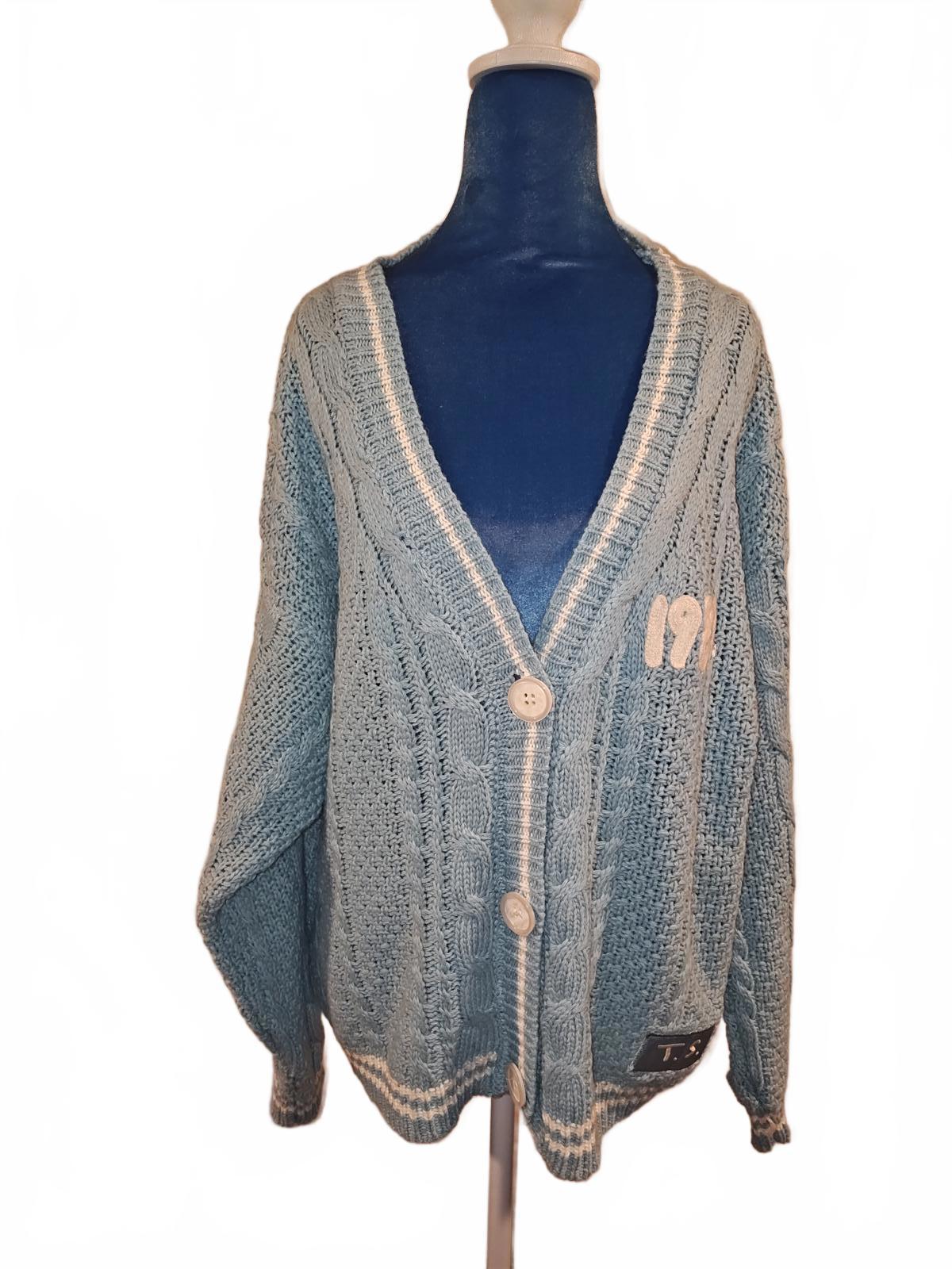 Taylor Swift 1989 Light Blue Cable Knit Cardigan Sweater with Bird Appliques