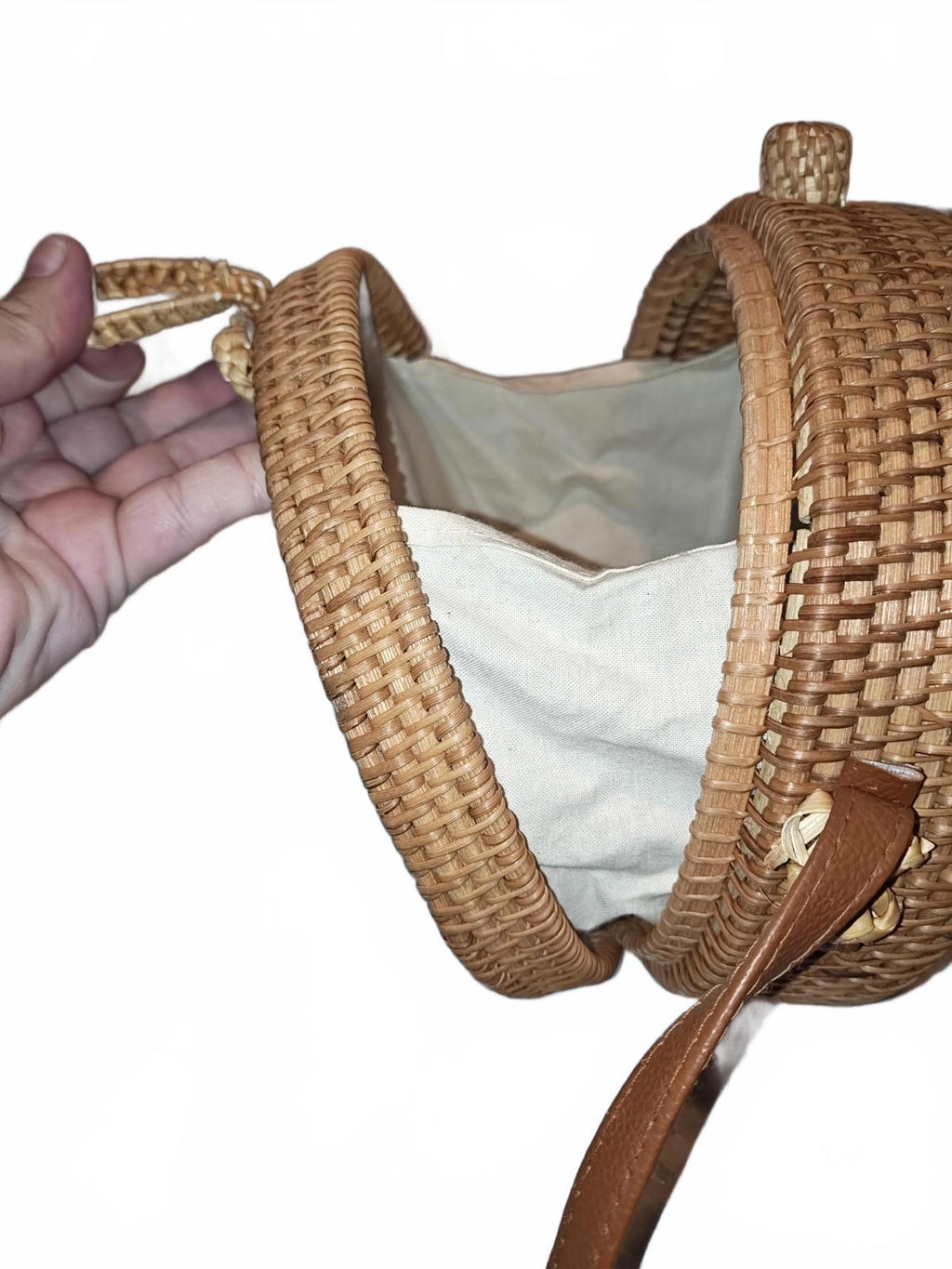 Round Woven Rattan Crossbody Bag with Leather Strap