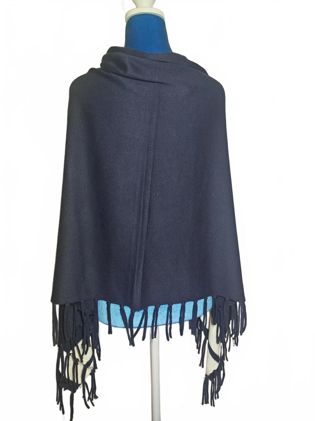 Chic Navy & White Striped Knit Poncho with Fringe | One Size Cozy Cotton Blend