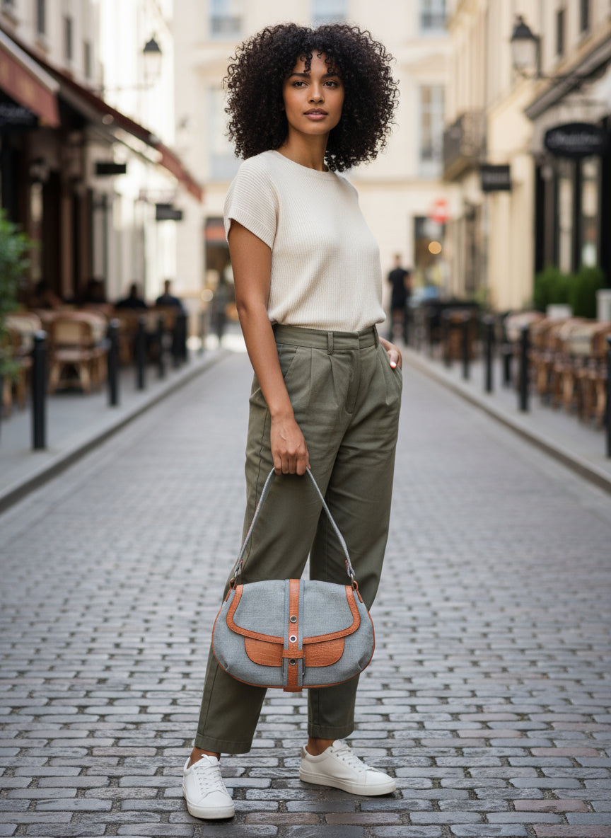 United Colors of Benetton Vintage Hobo Bag Canvas & Faux-Croc Shoulder Purse