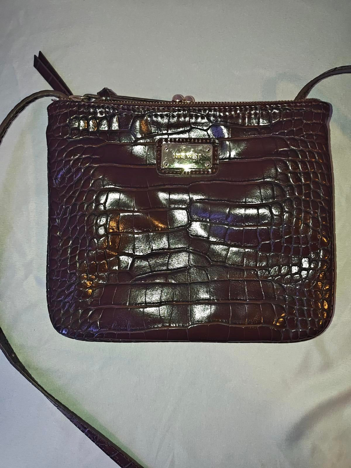 Nine West Black Faux Croc Crossbody Bag | Purple Lining | Casual Zip Purse