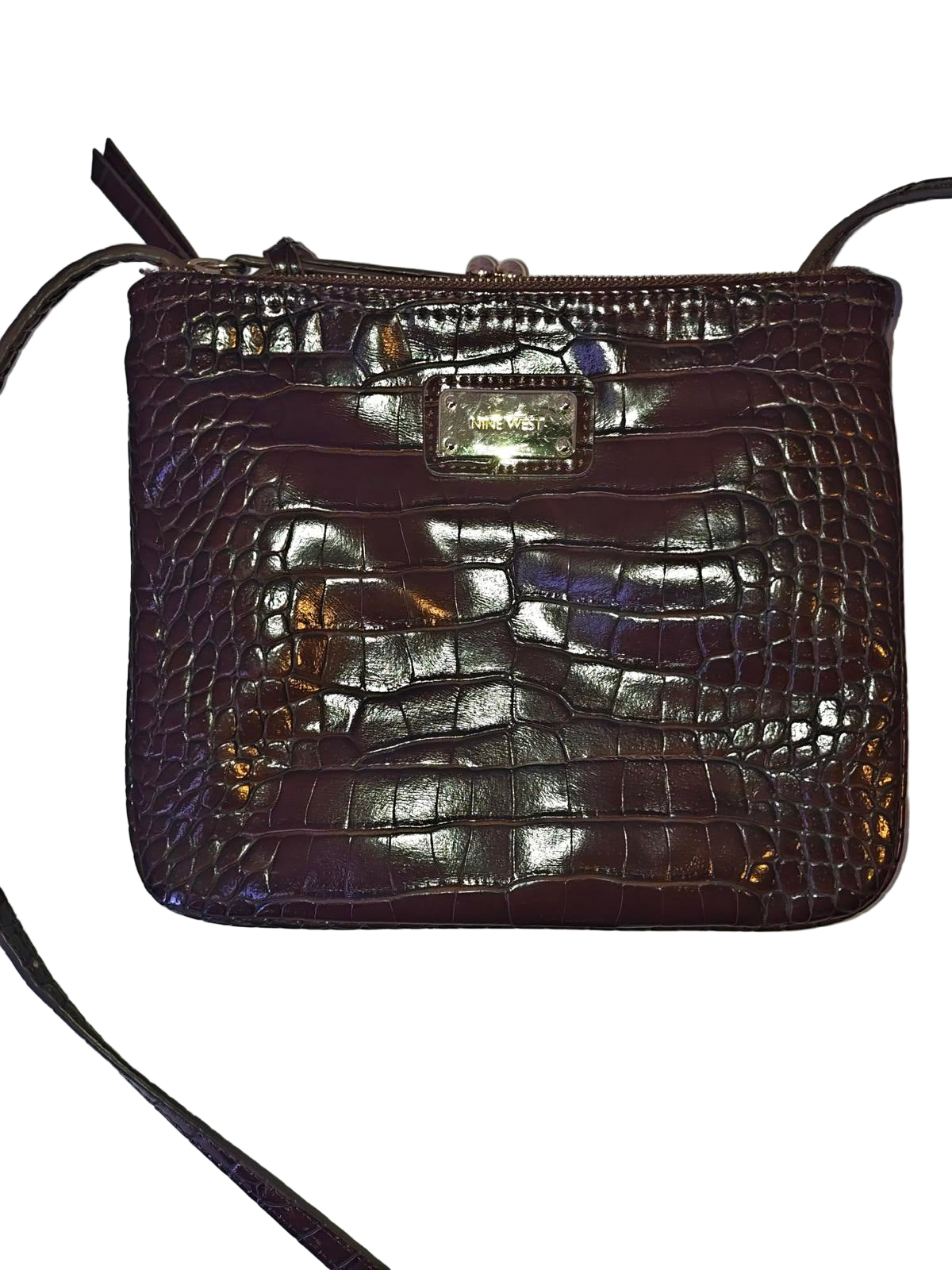 Nine West Black Faux Croc Crossbody Bag | Purple Lining | Casual Zip Purse