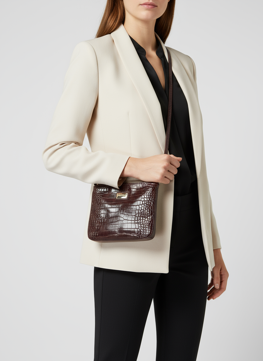 Nine West Black Faux Croc Crossbody Bag | Purple Lining | Casual Zip Purse