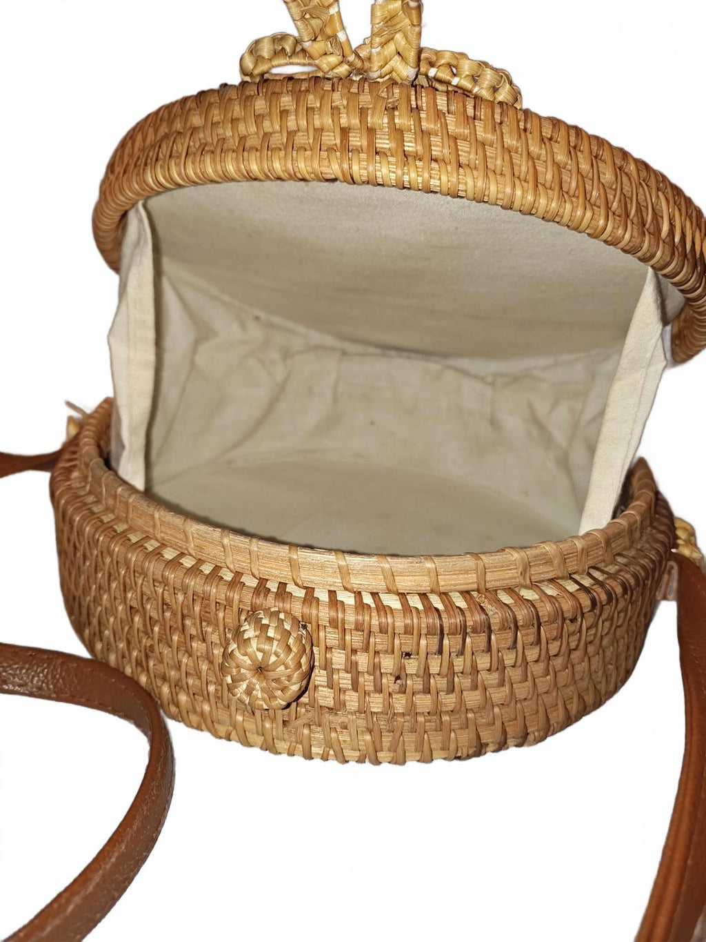 Round Woven Rattan Crossbody Bag with Leather Strap