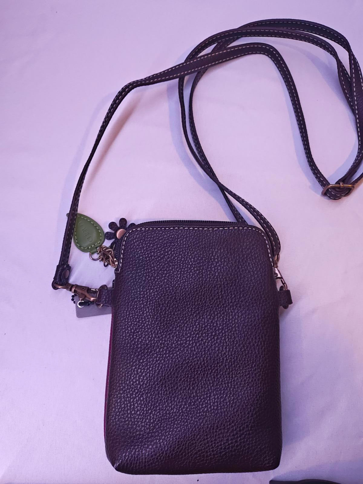 Chala Leather Crossbody Phone Bag Organizer Purple Floral Appliqué Keychain