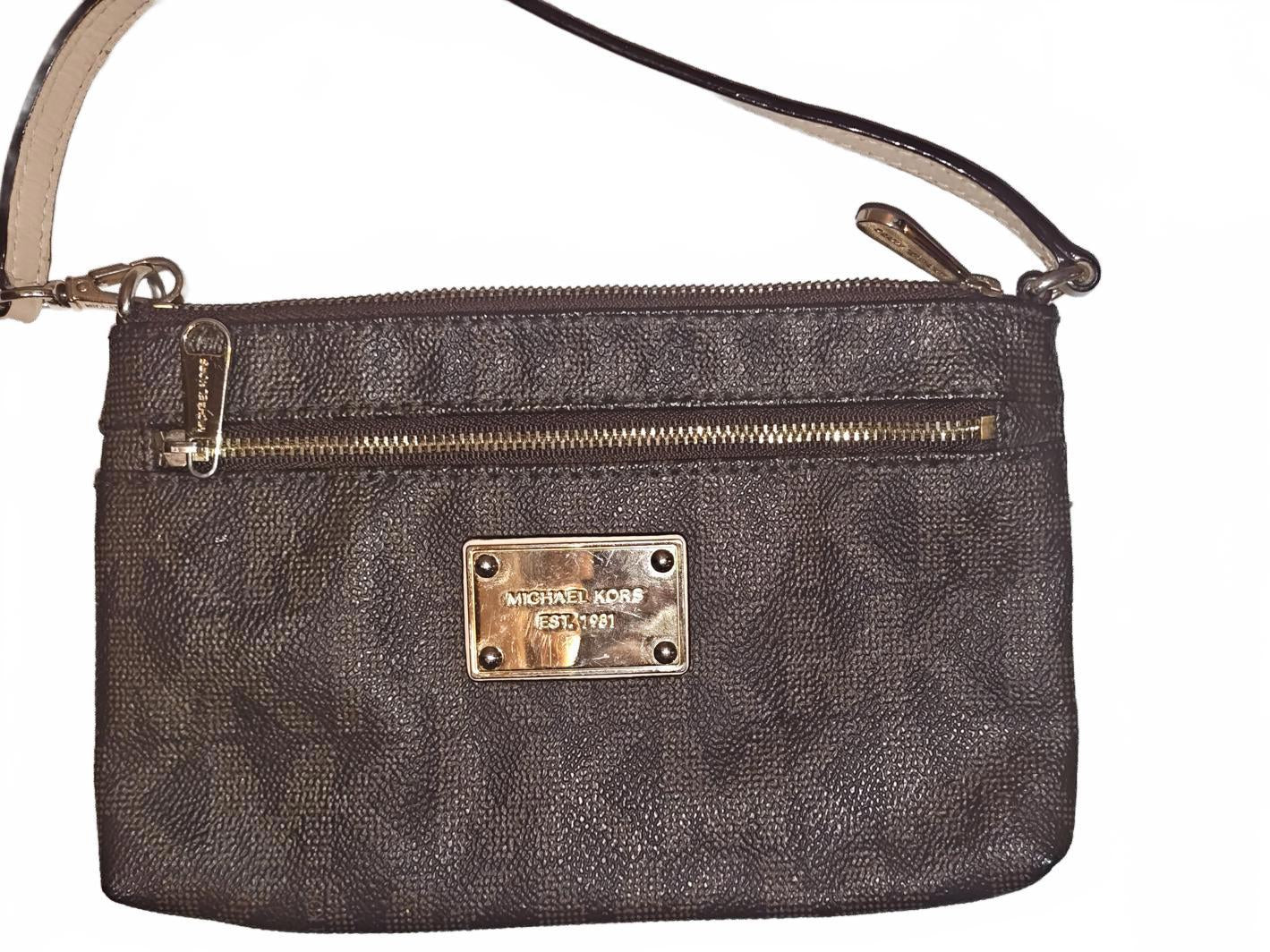 Michael Kors Signature Wristlet Pouch Brown Coated Canvas Wallet Clutch Handbag
