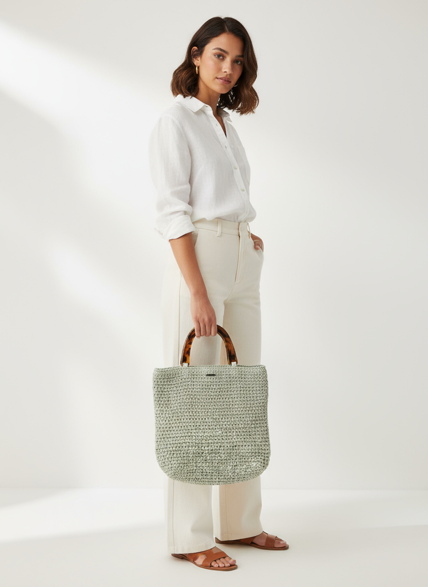 Crochet Knit Straw Tote Bag | Billabong Round Resin Handle Summer Beach Shopper