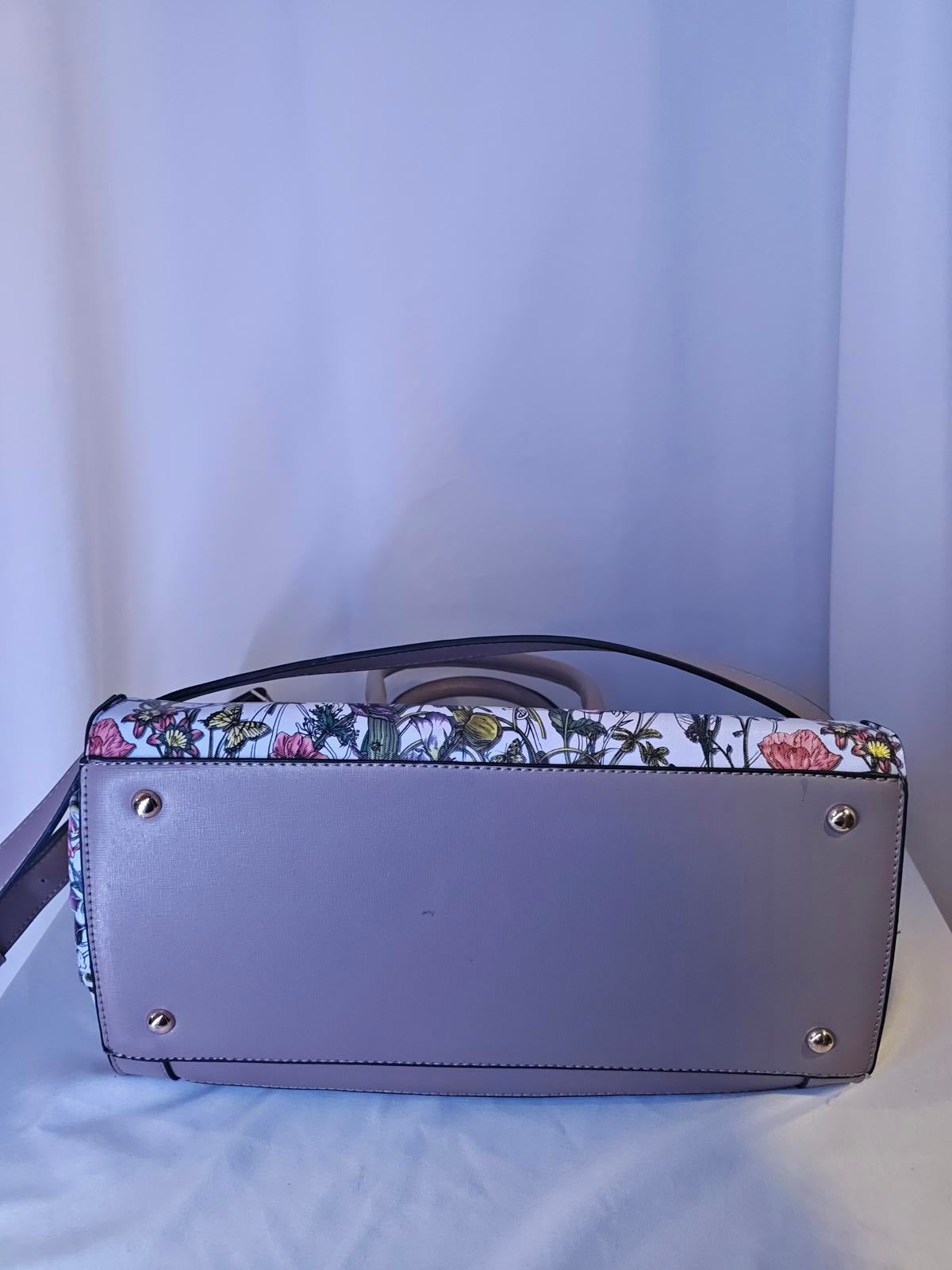 Floral Print Satchel Handbag Tote Bag Blush Trim Gold Accent Spring Summer